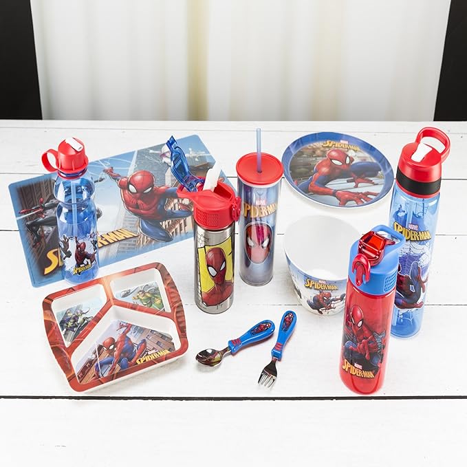 Zak Designs Marvel SpiderMan Kids Spout Cover and Built-in Carrying Loop Made of Plastic, Leak-Proof Water Bottle Design (16 oz, BPA-Free)