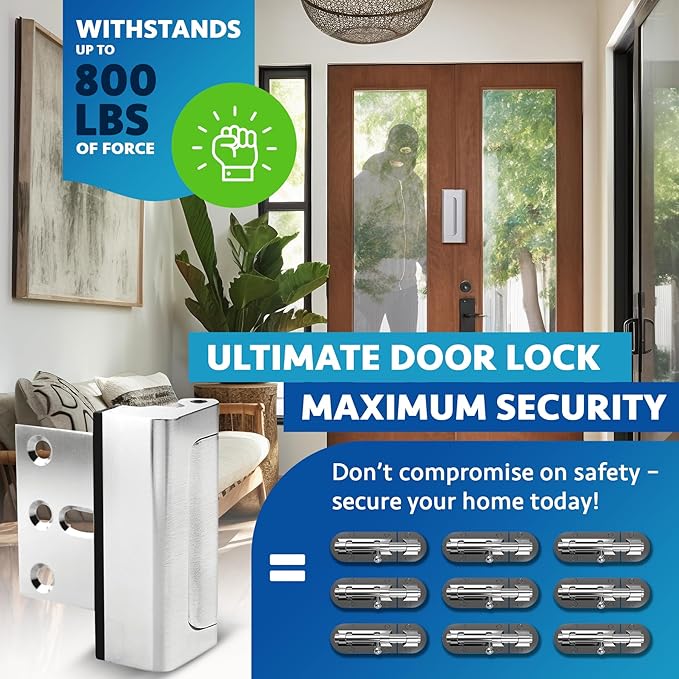 Dwell+Good Door Reinforcement Lock (2-Pack) - DIY Nickel Home Security Door Lock for Front Door - Security Locks for Doors Inside | Child Proof Door Lock for Kids Safety - Withstand 800 LB of Force