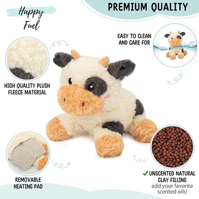 Cow Microwavable & Weighted Stuffed Animals - 1.5 Lbs Unscented Heating Pad for Period Cramps Pain Relief and Anxiety, Cute Black Cow Plush Toys Gifts for Women Girls Adults and Kids by Happy Fuel