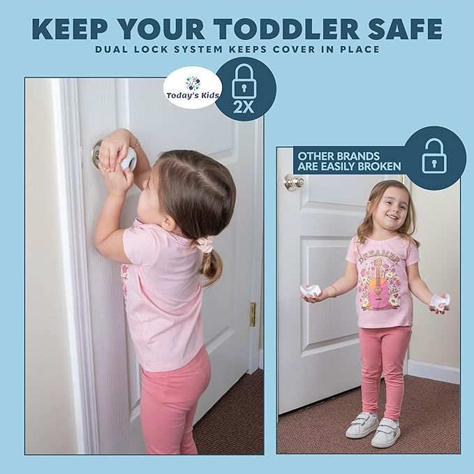 Todays Kids Baby Proofing Door Knob Covers 4 Pack - Easy to Install Child Safety Locks for Doors, Durable & Reusable Child Proof Door Lock, Dual-Lock & Versatile Design, Fits Round Doorknobs, White