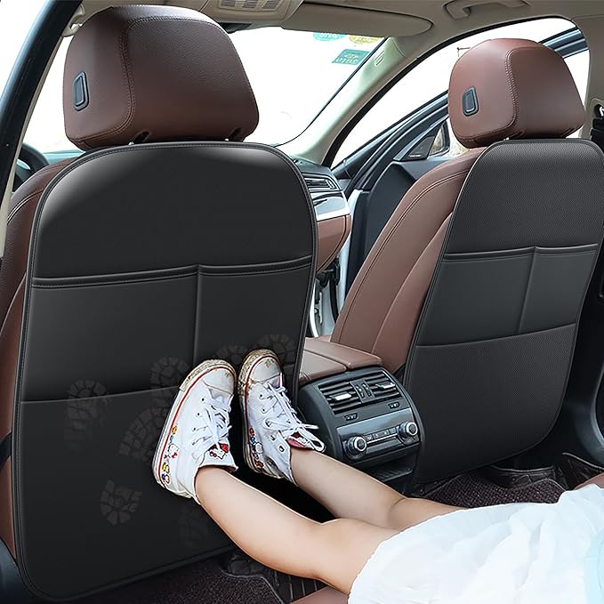 Car Kick Mats Back Seat Protector for Dodge RAM 150 with 2 Pocket Storage Organizer - Faux Leather Back Seat Covers for Kids Feet Waterproof Dirt Automotive Accessories (1 Pair,Black)