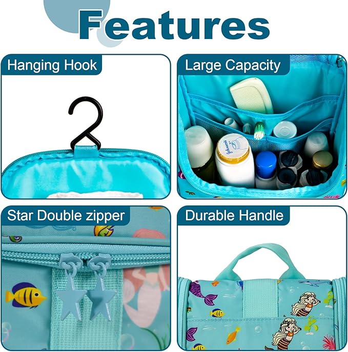 Remobia Hicol Cute Cartoon Hanging Kids Toiletry Bag Children Travel Cosmetic Makeup Organizer Wash Bag Shower bag Over Night Bag Camping Shaving Kit Bag for Boys & Girls (Mermaid)
