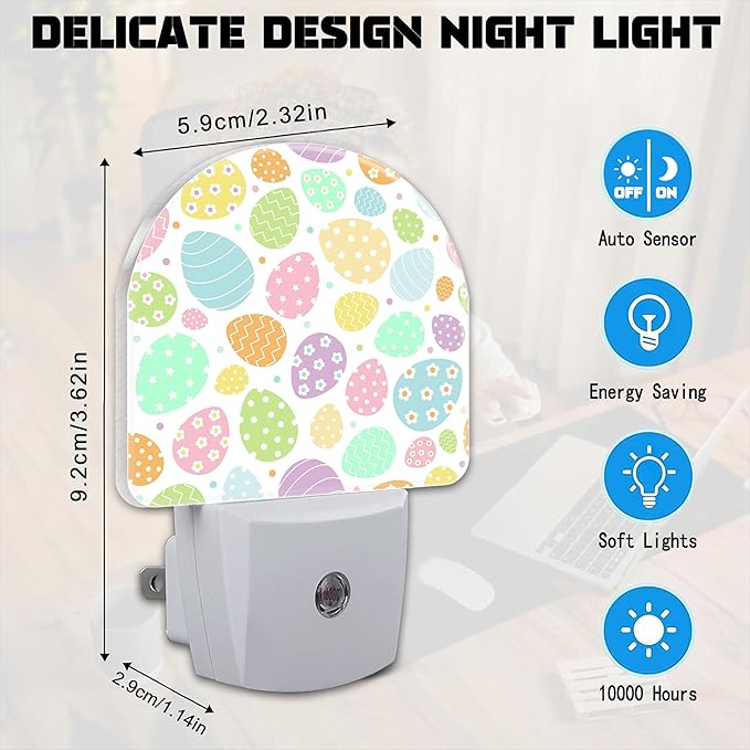Easter Eggs and Flowers Night Light for Kids,Colorful Easter Eggs Daisies Plug in Night Light with Dusk to Dawn Sensor, 0.5w Energy Saving Nightlight for Hallway Stairway Kitchen Bedroom