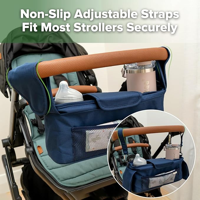 haakaa Stroll & Go Organiser - 2 Cup Holders - Bluestone, Ultimate Stroller Organizer Universal Fit with Adjustable Non-Slip Straps & Hooks, Stroller Caddy Accessories with Shoulder Strap