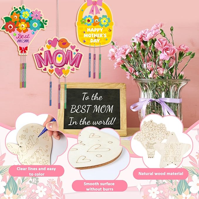 gisgfim 16 Pack Mother’s Day Wind Chime Kits Mom Crafts for Kids Make Your Own Best Mom Wind Chime Wooden DIY Arts and Crafts for Mother’s Day Party School Classroom Decor Supplies Birthday Favors