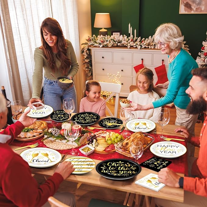 96Pcs New Years Party Supplies 2026 Black and Gold Themed Paper Plates Napkins Cheers Party Tableware Disposable Dinnerware Happy New Years Decorations Set for 2026 NYE Holiday Celebration Table Decor