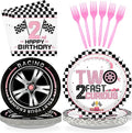 Grencian 96Pcs Two Fast Birthday Party Supplies Pink Race Car 2nd Party Plates and Napkins Checkered Flag Tableware for Kids Girls Racing Car 2 Year Old Birthday Decorations Serves 24