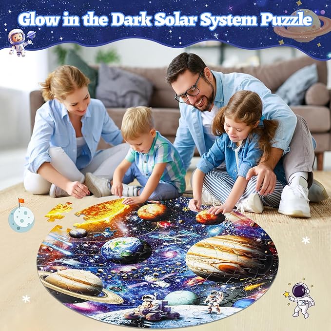 Glow in The Dark Solar System Jigsaw Puzzles for Kids Ages 4-8, 70 Pieces Kids Space Planet Floor Puzzle Toys Ages 8-10, Large Round Educational Puzzle Toys Easter Gifts for Kids Boys Girls