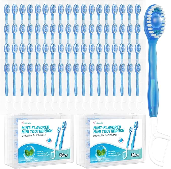 72 Pack 5 in 1 Disposable Mini Toothbrushes with Toothpaste, Floss, Pick & Tongue Scraper, Individually Wrapped, Portable Toothbrush Travel Set for Kids Adults, Mint Flavor