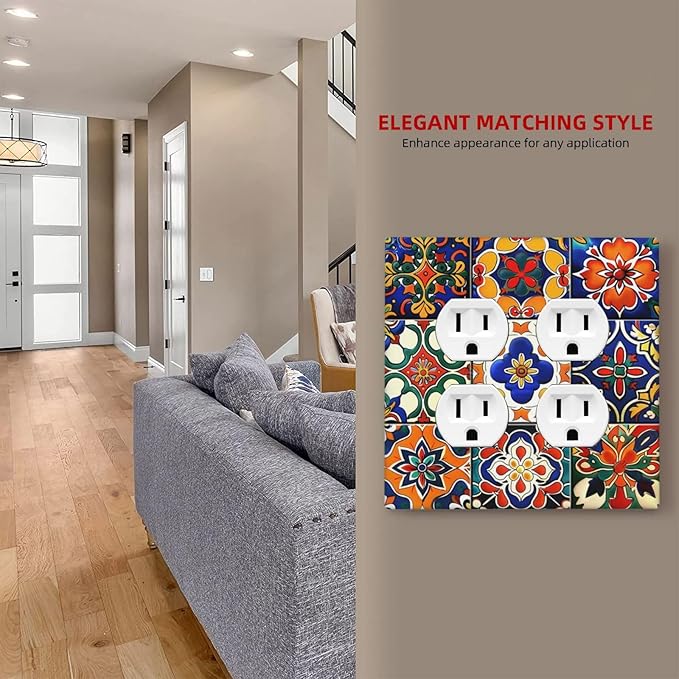 Outlet Covers Colorful Mexican Talavera Vintage Boho Floral 2 Gang Double Duplex Decorative Light Switch Covers Electrical Wallplates Socket Faceplate For Farmhouse Cabin Decor