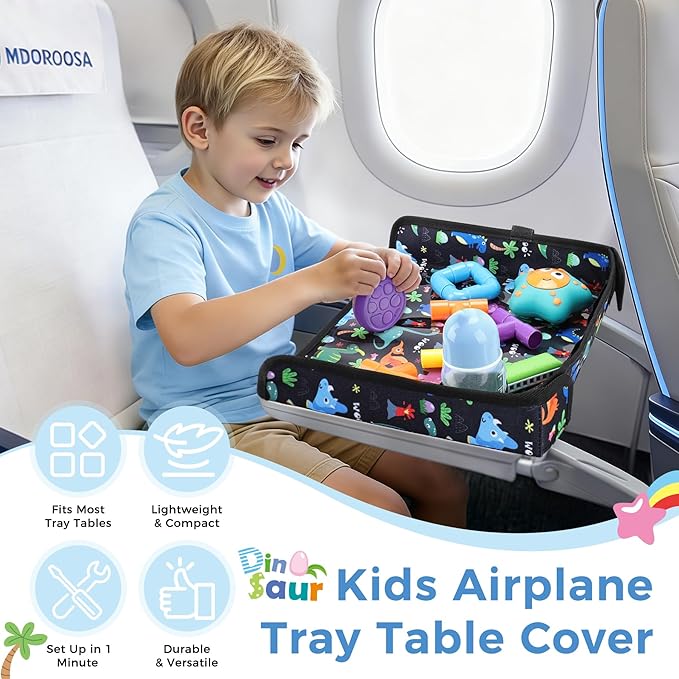 COOLBEBE Airplane Tray Table Cover Foldable Travel Tray Cover for Toddlers 1-3 Universal Fit for Airplane, Car Seat, High Chair Machine Washable, Portable Black Dinosaur