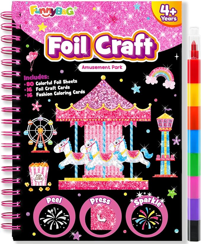 FUNNYB&G Foil Art Crafts for Kids Ages 4-8: Mother's Day 2026, Birthday Gift for Girls, Art and Crafts Supplies, Party Favors, Creative Toys for Girls 4 5 6 7 8 9 Years Old(Amusement Park)
