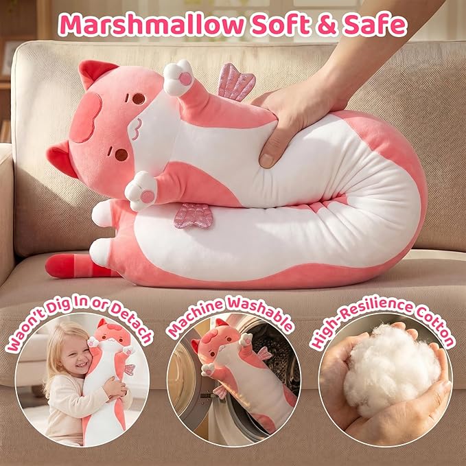 Mewaii Long Cat Plush 5 Sizes, 120% Extra Filling Giant Plushness Kids Body Pillow, Kawaii Cute Pink Cat Stuffed Animals Plushies, Big Long Body Pillow Cat Plush Gift for Girls 36”