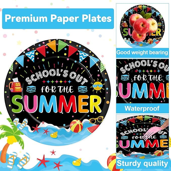 CHUNNIN 50Pcs End of School Year Paper Plates and Napkins School's Out for Summer Dessert Plates Summer Theme Party Decorations Tropical Pool Tableware Set Serves 25 Guest Beach Party Supplies