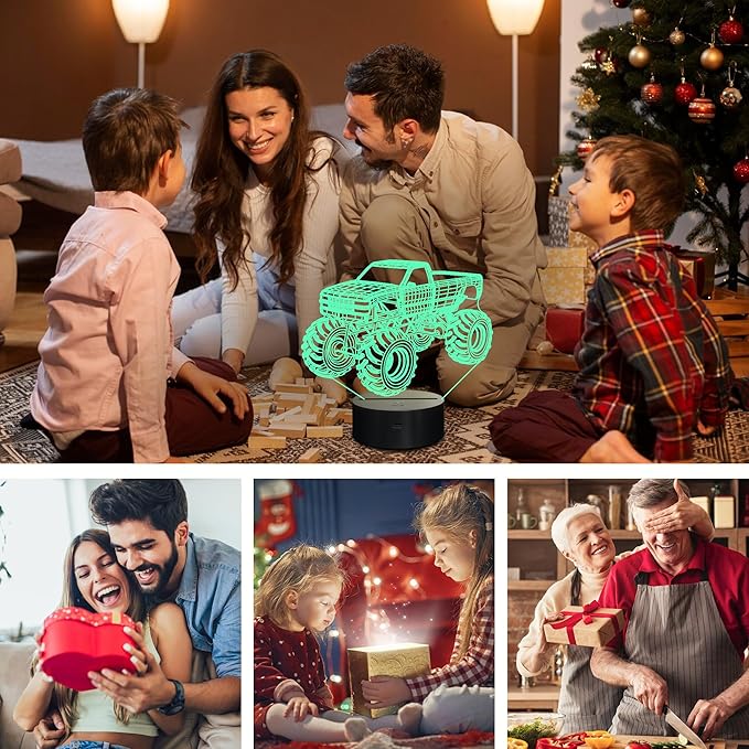 CoolGift Mart Monster Trucks Night Light for Boys, 3D LED Optical Illusion Lamp with Remote Control and Timer, Perfect Christmas and Birthday Gift Idea for Boys, Kids, and Teens