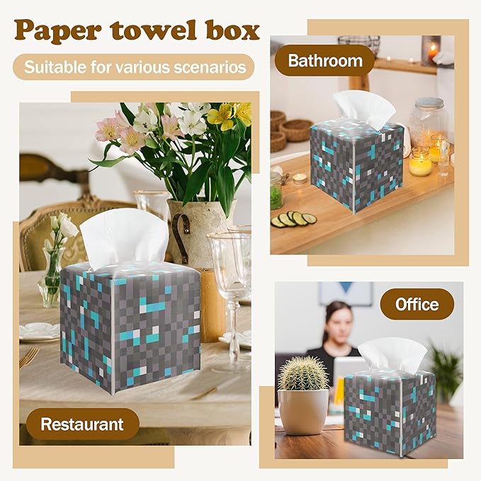 Pixel Diamond Ore Square Leather Tissue Box Cover – Gaming Themed Facial Paper Organizer, Fun Birthday Gift for Kids & Gamers, Decorative Bathroom, Bedroom & Game Room Decor