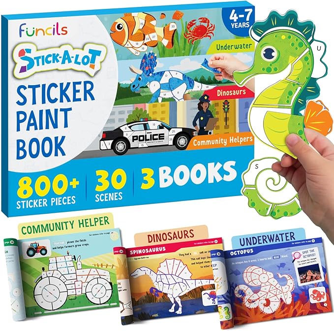 Funcils Paint by Sticker & Number for Kids - 30 Color by Sticker Paint Book | Travel, Airplane, Car Activities for Kids Ages 4-8 Girls Boys | Art & Crafts Games, Puzzle Books, Learning Educational Kit
