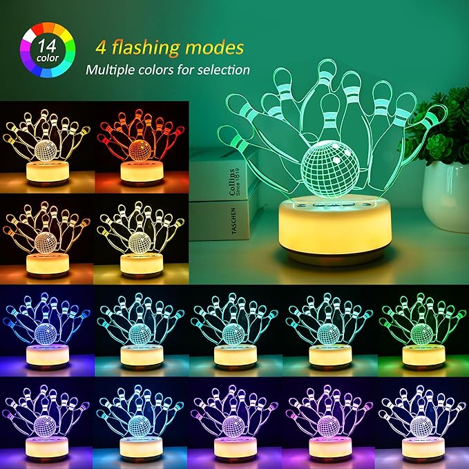 Bowling Gifts Night Light for Kids-Sports Bowlings Decor Bedside Lamp for Bowling Fan, 14 Color with Remote Control/Buttons +Timer +Dim Function, Birthday Holiday Gift for Boys & Girls