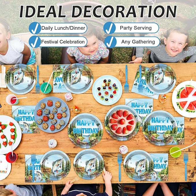 96Pcs Gone Fishing Party Plates Napkins Ofishally Birthday Supplies Fishing Birthday Paper Dessert Cake Plates Tropical Fish Tableware Sets for Kids Boys 24 Guests Birthday Party Decorations