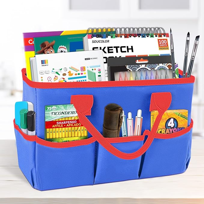 Godery Desktop Tote and Organizer, Teacher Helper Bag for Arts, Books, Stationery, Office Desk, Make-up Storage with Handles for Travel (Blue)