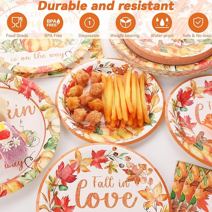 96 Pcs Little Pumpkin Baby Shower Party Plates Napkins Tableware Set Fall Baby Shower Supplies Disposable Dinnerware A Little Pumpkin is On The Way Decoration Favors for Thanksgiving Party，24 Guests
