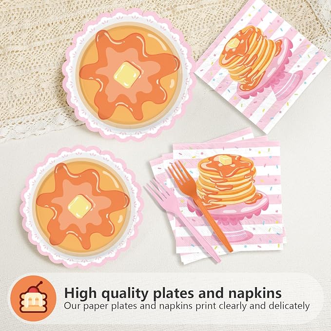 96 Pcs Pancakes and Pajamas Scalloped Party Supplies Pajama Brunch Birthday Plates and Napkins Pink Night Sleepover Tableware Set for Girl Brunch Slumber Birthday Party Supplies, Serves 24