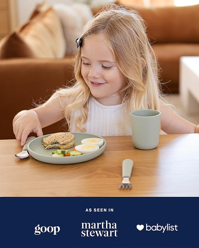 Lalo Big Bites Kids Dinnerware Starter Set - Dishwasher Safe, BPA Free, Kids Tableware Set - Includes Stackable Bowl, Plate, Utensils & Cup - 5 Pieces - Sage