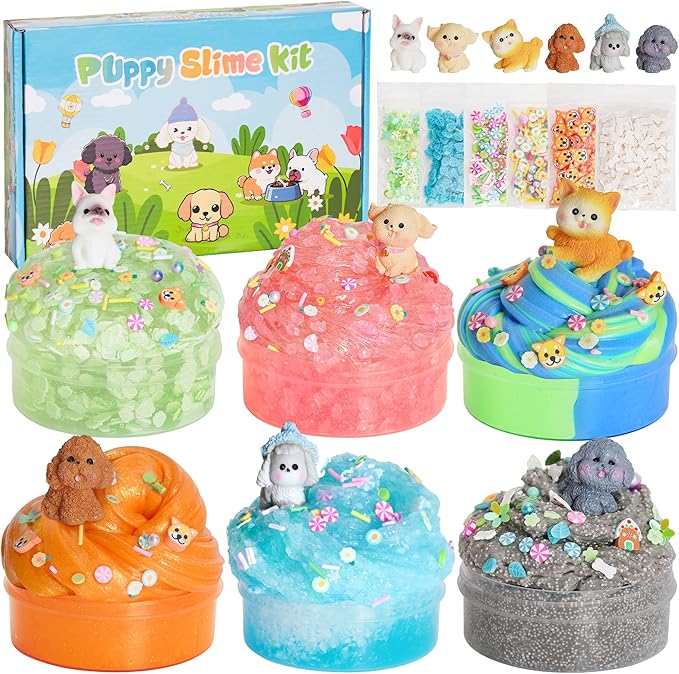 Puppy Slime Kit 20oz, Slime Variety Pack with 6 Different Textures, Glow in The Dark Slime for Kids, Slimes Party Favors for Girls & Boys Birthday Gifts, Fidget Slime Toys