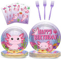 100 Pcs Axolotl Birthday Party Supplies Pink Axolotl Disposable Paper Plates Forks Tableware Sets Cute Cartoon Reptile Animals Happy Birthday Decorations for Kids Girls Baby Shower Serve 25 Guests