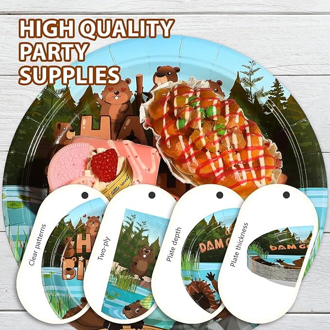 96Pcs Beaver Birthday Party Supplies Cute Cartoon Beaver Plates and Napkins Brown Wild Animal Disposable Tableware Sets for Kids Baby Shower Birthday Castor Jungle Animal Party Decorations, Serves 24