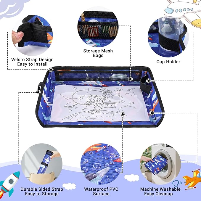 COOLBEBE Airplane Tray Table Cover Foldable Travel Tray Cover for Toddlers 1-3 Universal Fit for Airplane, Car Seat, High Chair Machine Washable, Portable Blue Plane
