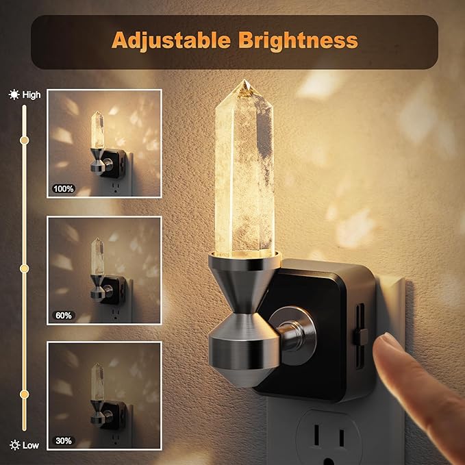 JandCase Healing Crystals LED Night Light Plug into Wall,Dimmable Night Lights witih Clear Quartz Tower, Dusk to Dawn Sensor Nightlights for Meditation Living Room Bedroom Home Decor