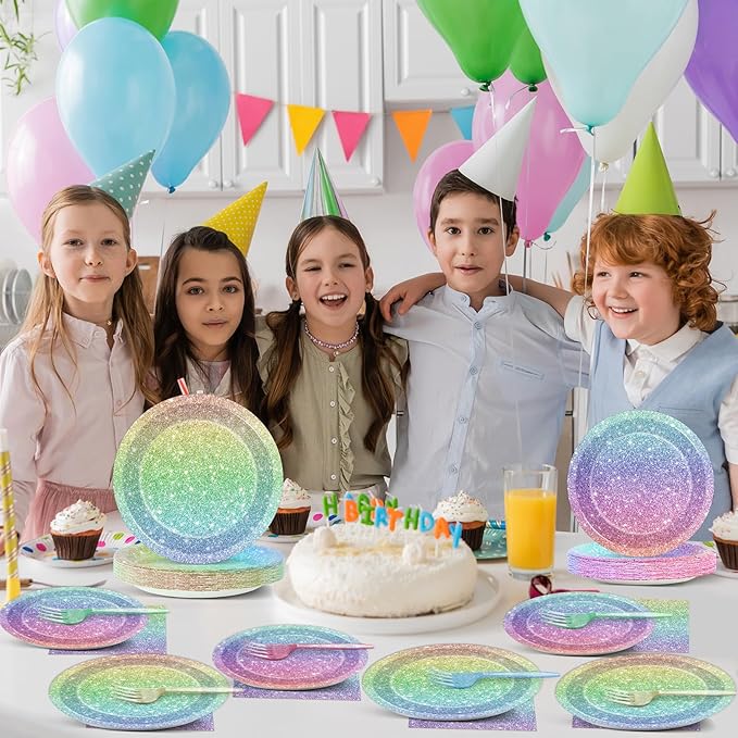 Rainbow Birthday Party Plates Napkins Forks Rainbow Glitter Tableware Set Happy Birthday Dinnerware Colorful Unicorn Glitter Supply for Kids Girls Women Princess Wedding Parties Decorations Serve 24