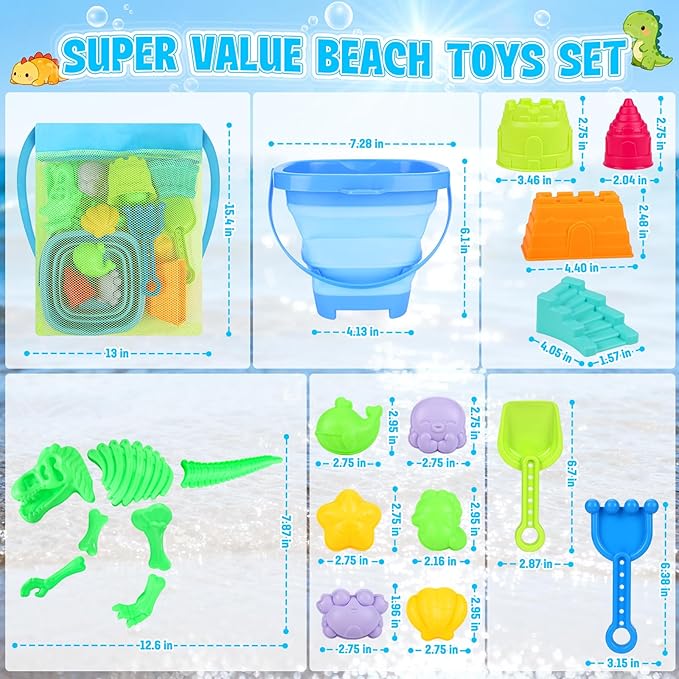 ERHAICAT Beach Toys, Dinosaur Sand Toys for Kids Toddlers with Collapsible Bucket, Sand Castle Building Kit, Mesh Storage Bag & Shovel Rake, Travel Summer Toys for Boys Girls Ages 3-10