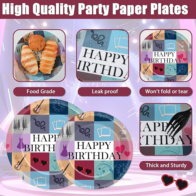 96Pcs Music star Party Plates and Napkins for Popular Birthday Table Supplies Singer Themed Paper Dessert Plates Music Fan Tableware Set for Kids Boys 24 Guests Birthday Party Decorations