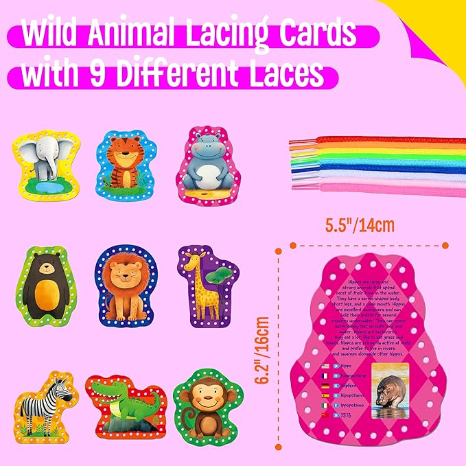 SpriteGru 9 PCS Kids Lacing Cards, 9 Double Sided Wild Animals Sewing Cards with 9 Colorful Laces, Educational & Learning Toys for Preschoolers, Kids Ages 3+