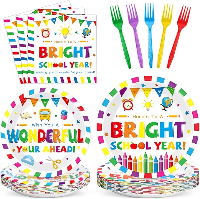 100PCS Back To School Decorations School Season Supplies Paper Plates Napkins Disposable White Bottom Colorful Pattern Tableware Dinnerware for Student Birthday Picnic First Day of School Serves 25
