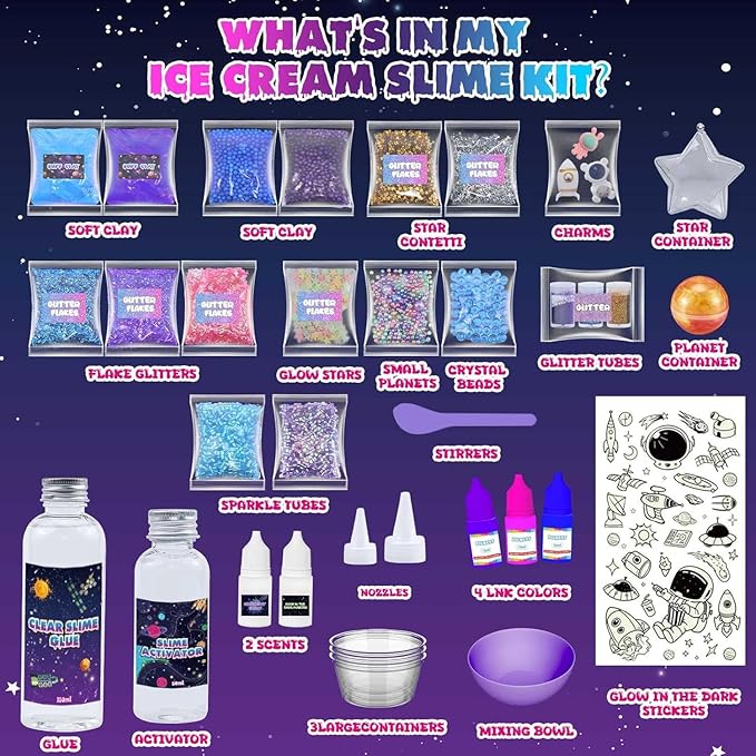 Funewest Slime Kit for Boys, Mini Galaxy Slime Making Kit with Glow in the Dark Stickers, Glitter, Beads & Charms – Creative DIY Crafts & Stress Relief Sensory Toy Gifts for Girls Ages 6-12
