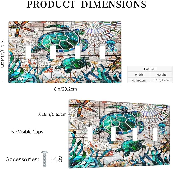 Hawaii Nautical Beach Decorative 4-Gang Quad Toggle Light Switch Wall Plate Cover, Sea Green/Blue Ocean Turtle Mosaic Ceramics Quadruple Toggle Device Switches Wall Plate Outlet Covers Standard Size