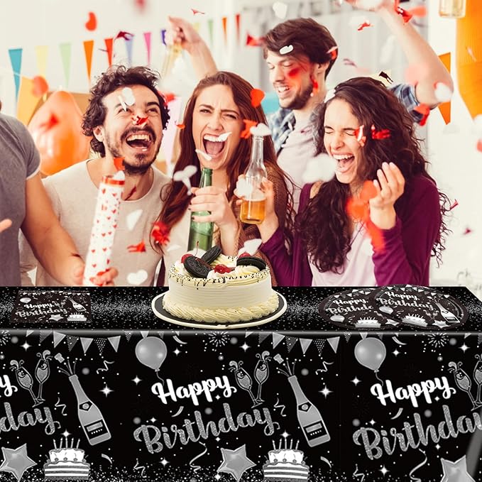 41PCS Black and Silver Birthday Decorations Happy Birthday Disposable Tableware Decor Plates Napkins Tableclot Set for Men Women Service20