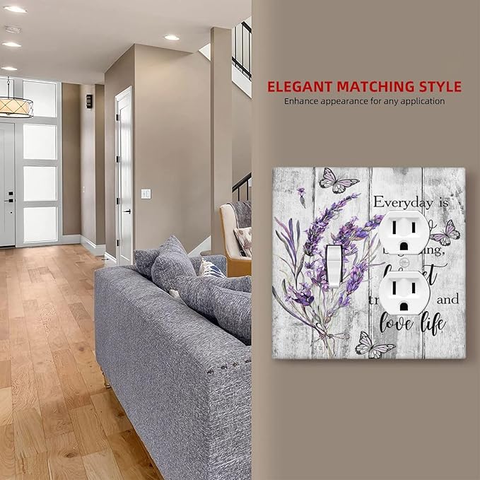 Decorative Outlet Covers Lavender Flower Purple Floral Butterfly on Plank Inspirational quotation 2 Gang Wall Plate Single Toggle Duplex Light Switch Cover Switch Plate Covers Faceplate