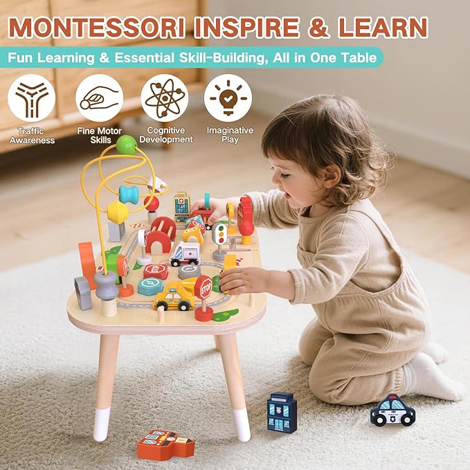 Wooden Montessori Activity Table for Toddlers, Baby Busy Table with Bead Maze, Shape Sorter, Cars & Road Signs, Traffic Learning Activity Center Sensory Toys for Birthday Gift Boys Girls 1+ Year Old