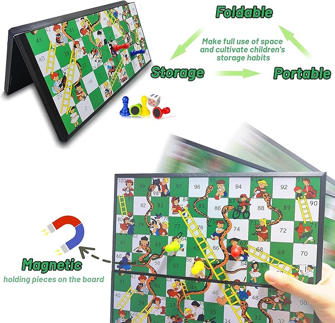 KIDAMI Magnetic Snakes and Ladders Board Game Set for Kids and Adults, 7. 64 Inches & 9.75 Inches & 11.2 Inches