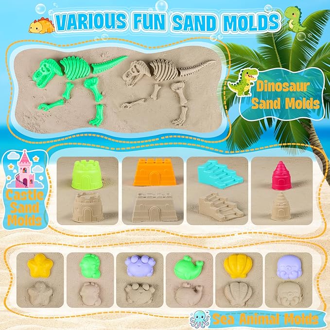 ERHAICAT Beach Toys, Dinosaur Sand Toys for Kids Toddlers with Collapsible Bucket, Sand Castle Building Kit, Mesh Storage Bag & Shovel Rake, Travel Summer Toys for Boys Girls Ages 3-10