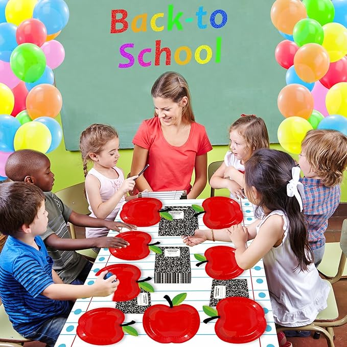 Back to School Party Supplies Serves 24 First Day of School Decorations Party Paper Plates Napkins Red Apple Composition Notebook Disposable Tablecloth Set Tableware Kit for Preschool Teacher Party