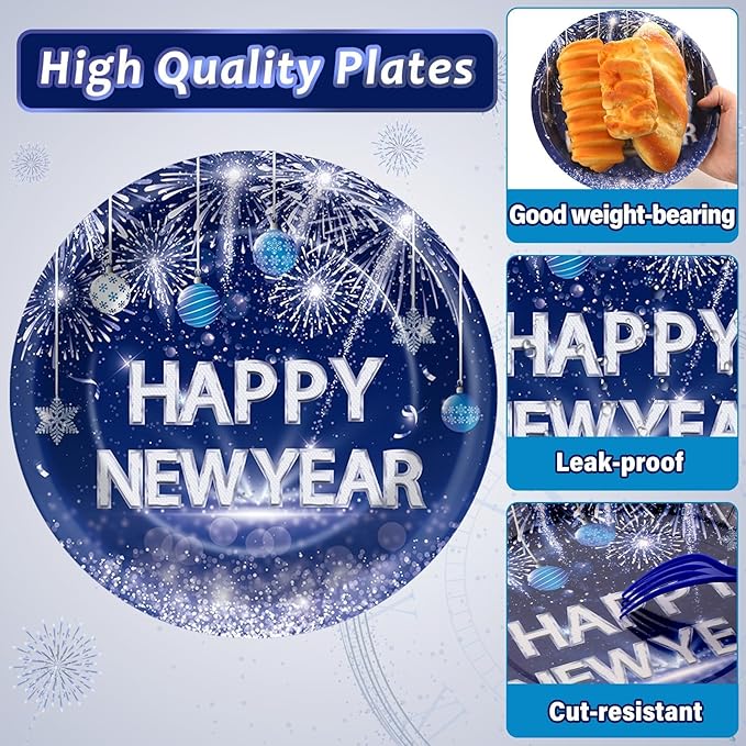 100PCS Happy New Year Party Plates and Napkins Party Supplies Blue 2026 New Year's Eve Platters Dessert Cake Tableware Set Party Decor Favor for New Year Evening Party Celebration Decoration Serves 25