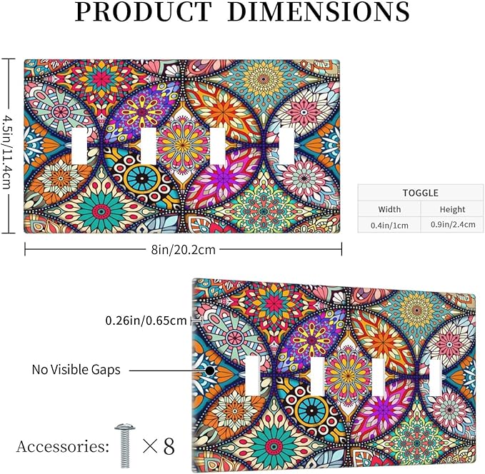 Bohemian Quad Toggle Light Switch Cover Decorative 4 Gang Switch Plates Cover colorful Vintage Floral Mandala Flower for Bathroom Home Living Room Decor 8 X 4.5 In