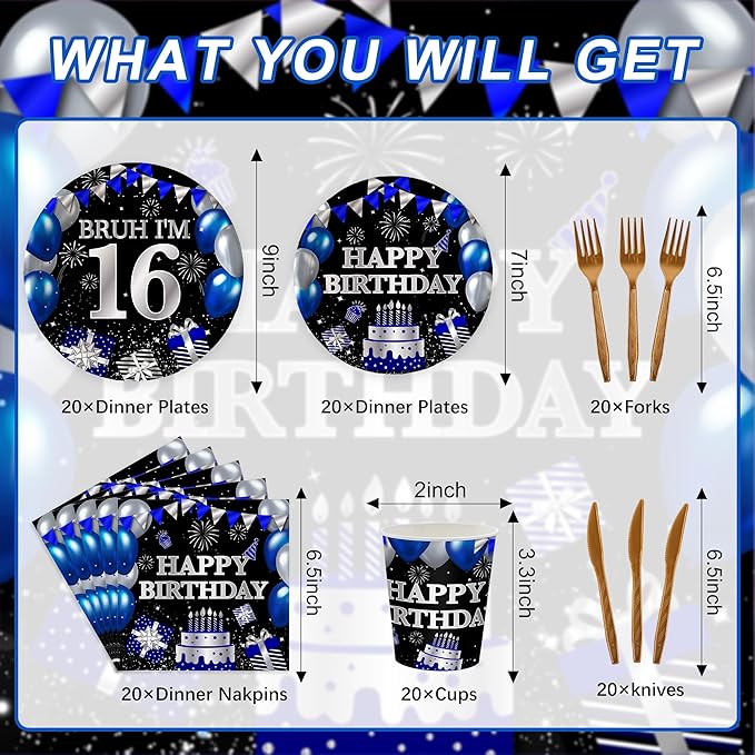 120PCS 16th Birthday Decorations for Boys 16 Years Old Birthday Decorations Sweet 16 Plates Napkins Tablecloth for Boys Girls 16th Birthday Party Supplies