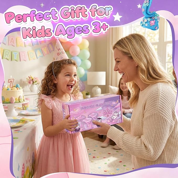 2 Pack 250ml Unicorn Cloud Slime Kit for Girls Boys - Scented Fluffy Cloud Slime with Cute Unicorn Charms - Non-Sticky Sensory Fidget Toys for Stress Relief & ASMR - DIY Slime Gift for Kids