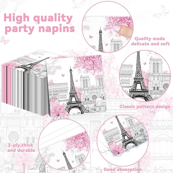 ZOIIWA Paris Themed Party Decorations Eiffel Tower Birthday Paper Plates and Napkins Tableware Set Pink Disposable Tablecloth for Baby Shower Decor Paris Party Supplies